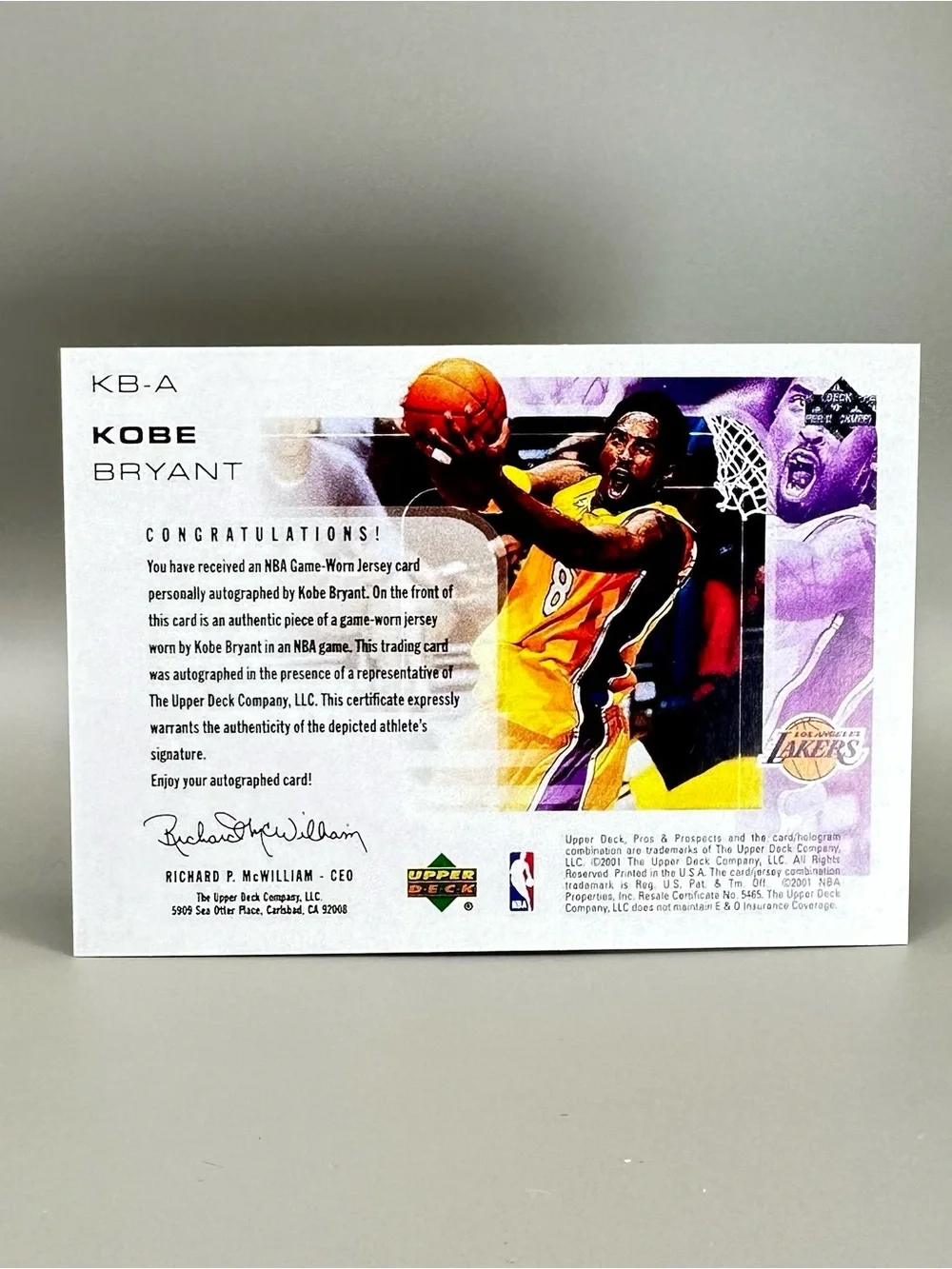 Kobe Bryant Signed 2001 Upper Deck #KB-A Patch Novelty Card.